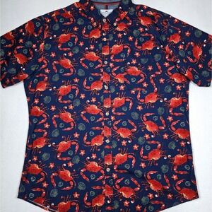 Ditch Plains Ricky Singh Men's XL Blue Crab Print Button Down Short Sleeve Shirt